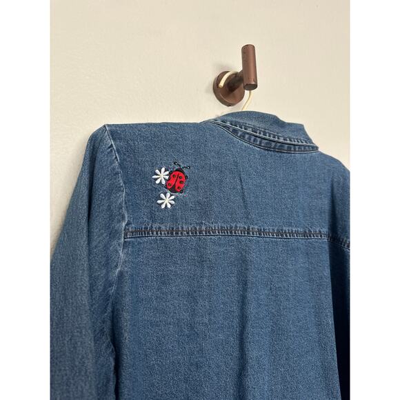 Rare Quacker Factory women's 1x denim button-up shirt embroidered ladybugs - Picture 8 of 12